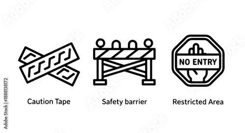 Essential Line Art Icons for Safety and Restriction, Featuring Caution Tape, Road Barriers, and No Entry Signs for Warnings and Prohibitions.