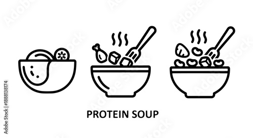 Nutritious and Healthy Protein Soup Line Art Icons, Featuring Bowls of Steaming Broth with Ingredients, Perfect for Diet and Recipe Designs.