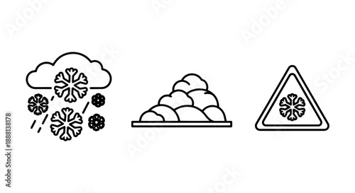 Minimalist Line Art Icons Depicting Winter Weather Conditions, Including Falling Snowflakes, Snow Piles, and a Cold Warning Sign.