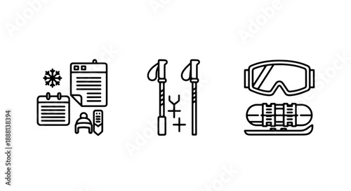 Comprehensive Winter Skiing Icons Set: Skis, Poles, Goggles, and Snow Sports Planning Elements
