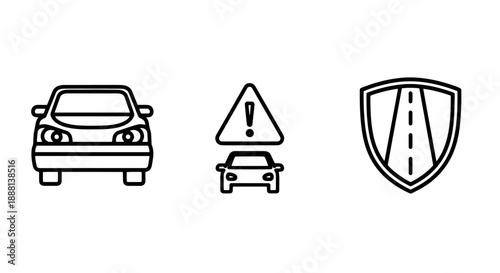 Automotive safety and road awareness line icons, featuring a car, a vehicle with a warning sign, and a road shield for security and traffic concepts.