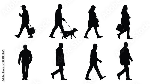 Silhouettes of people walking including figures with bags and a dog on a leash depicted in black