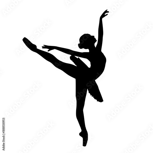 Black silhouette of a female ballet dancer in a dynamic pose, arms extended above her head, with sweeping foot gesture, against a muted background.