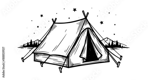Hand-drawn black ink outline of a canvas tent pitched under a starry night sky with silhouetted pine trees and mountains in the background.