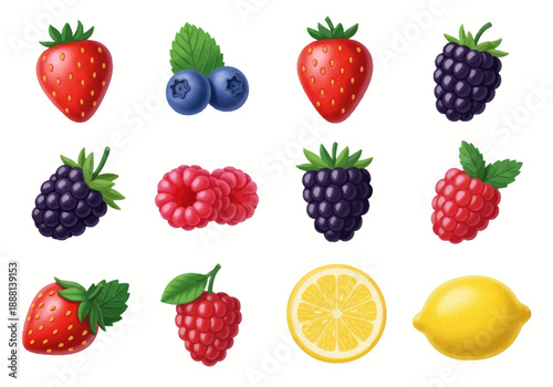 Illustration of assorted fresh berries including strawberries, blueberries, blackberries, and raspberries with green leaves on white background
