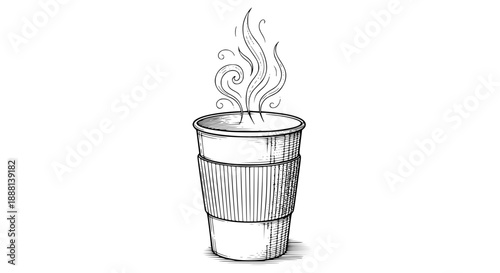 Hand drawn sketch of a hot coffee cup with steam rising, featuring a ribbed paper sleeve, on a white background. Minimalist doodle style.