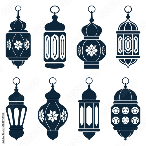 Eid Festival, Islamic Decorative and Ramadan Decorative Lantern Silhouette Vector Icon Design. Classic Metal Lantern, Arabic Lantern and Moroccan Lantern Vector Art Design.