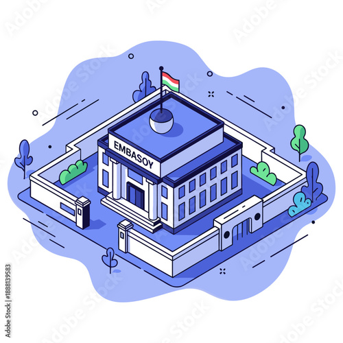 Isometric illustration of an embassy building with flag on blue background. No editable stroke