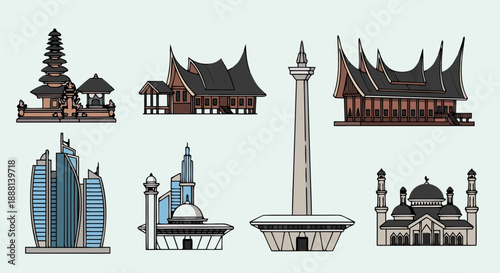 Collection of famous Indonesian landmark illustrations representing diverse architecture and cultural heritage sites