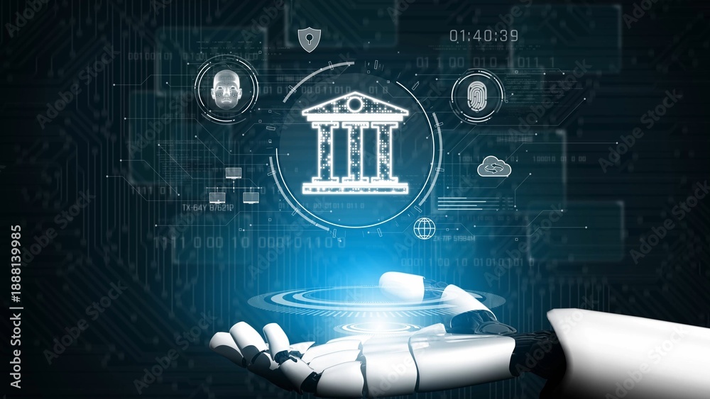 Naklejka premium AI assistant accelerates government digital transformation with biometric identification, smart authentication, and integrated public service systems. Marrow