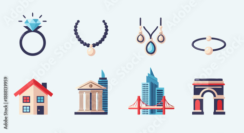 Collection of flat icons representing valuable assets like jewelry real estate and famous city landmarks
