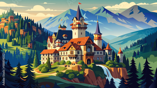 Very beautiful view of Peleș Castle in Sinaia highlights refined royal architecture nestled among dense forests and mountain slopes, representing elegance, history, and harmony with the surrounding Ca