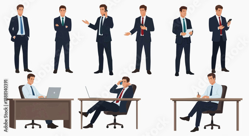 Versatile Business Attire: A comprehensive collection of professionally attired individuals in various poses, showcasing the versatility of business wear and communication styles.