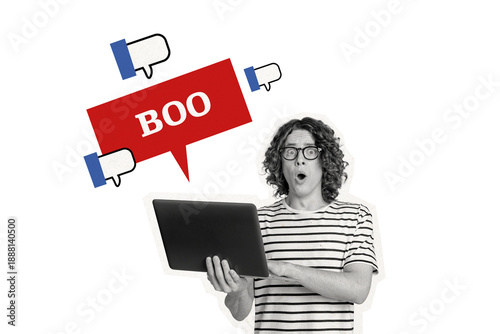 Composite photo collage of astonished man boo laptop notification blog thumb down unpopular unlucky isolated on painted background