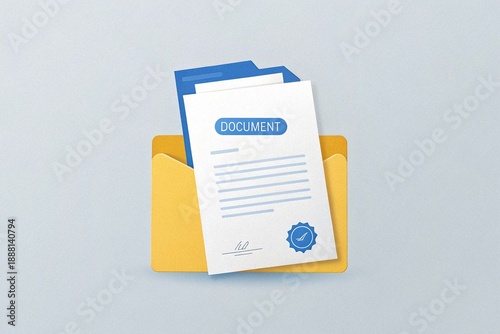 Document folder with stamp and text icon in flat style white papers vector illustration on isolated background confirmed or approved document sign business concept