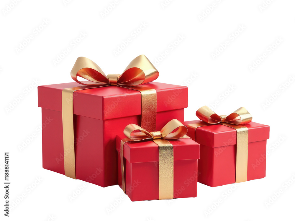Fototapeta premium Three decorative gift boxes with red color and golden ribbons and bows, perfect for presents or decorations