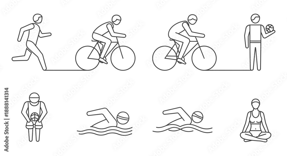 Obraz premium sports activity icons vector line art collection depicting various fitness and healthy lifestyle movements for web or print projects