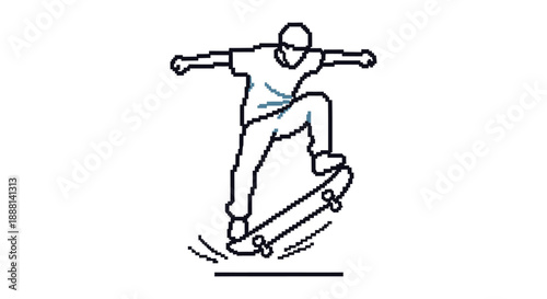 pixel art skateboarding performing an energetic ollie trick for retro video games sports apps and active lifestyle branding.