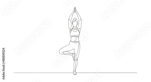 yoga woman practicing tree pose in continuous line art illustration for mindful wellness fitness training and healthy living concepts.
