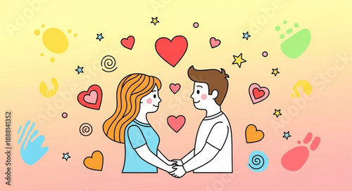 Couple Holding Hands Surrounded by Hearts and Stars.