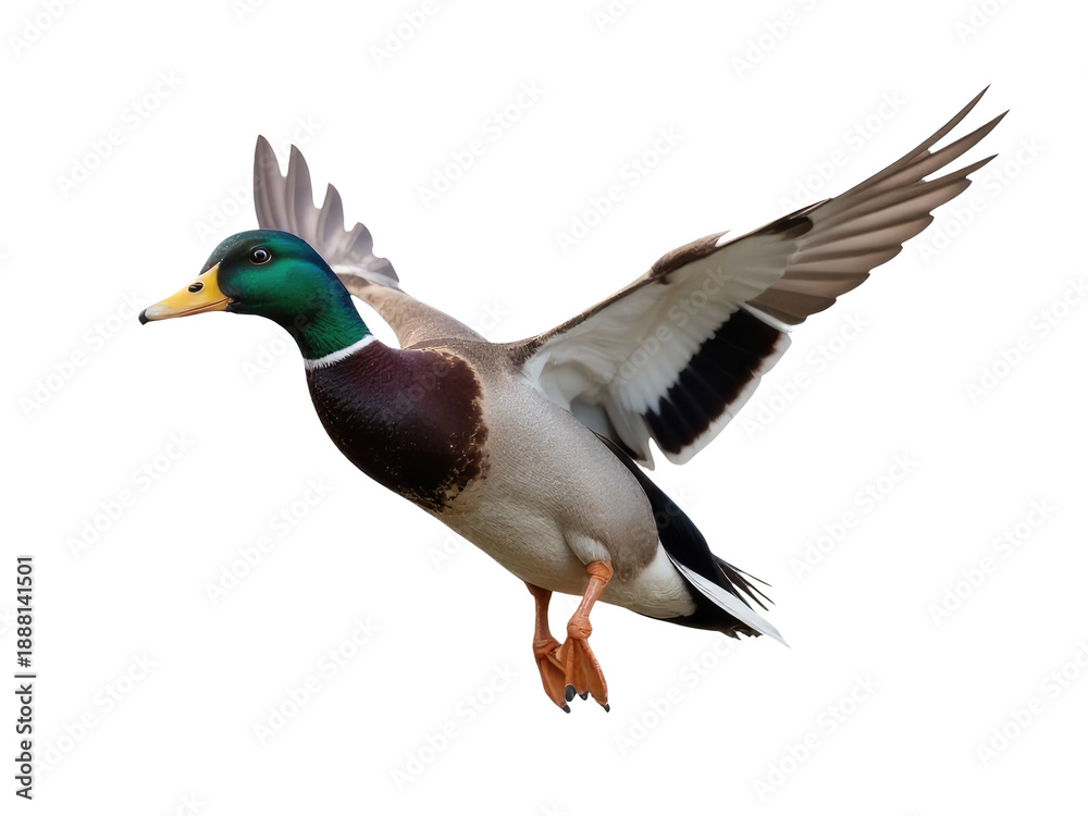 Fototapeta premium A duck soaring through the air with its wings extended