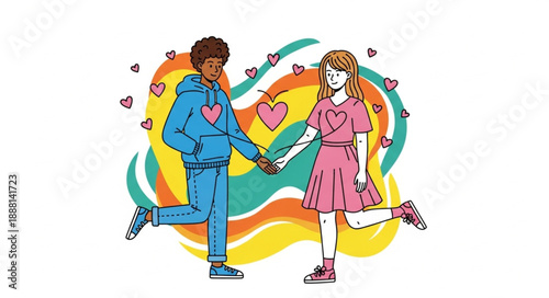 Couple Holding Hands With Hearts Around Them.