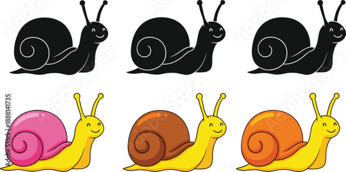 Cartoon snail silhouettes, colorful snail characters, cute snail illustration, smiling snail artwork, snail design progression, educational snail drawing, cheerful snail graphics