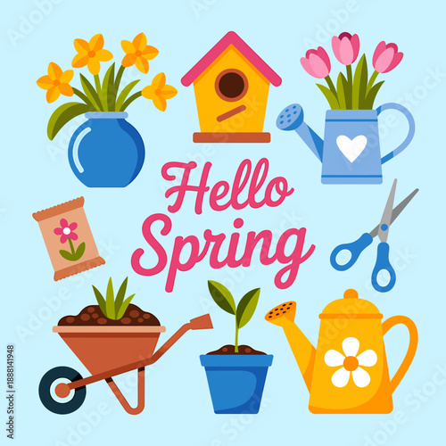 Hello Spring Illustration with Flowers and Gardening Tools