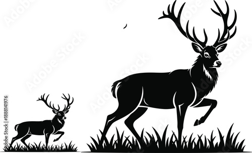 Stag and fawn silhouettes stand tall amidst tall grass with a single bird soaring in the sky deer