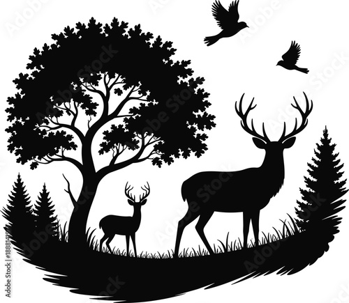 Stag and fawn silhouettes stand in a forest clearing with birds flying above a large oak tree deer