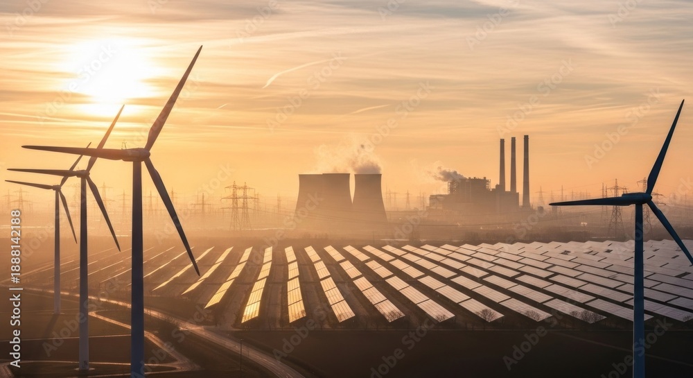 Obraz premium Mixed energy sources wind turbines, solar panels, and a powerplant at dawn