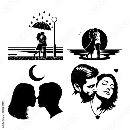 Romantic couple face portrait kissing silhouette illustration