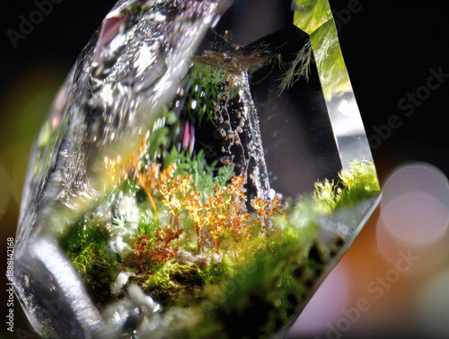 Glimmering Portal to a Verdant Microcosm, Eternally Sealed Within the Facets of Clear Crystal