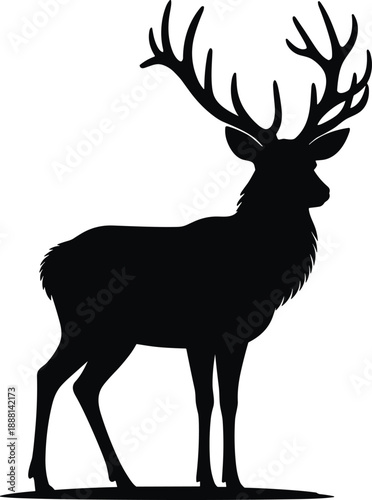 Stag silhouette standing proudly against a stark white background showcasing its impressive antlers and powerful physique