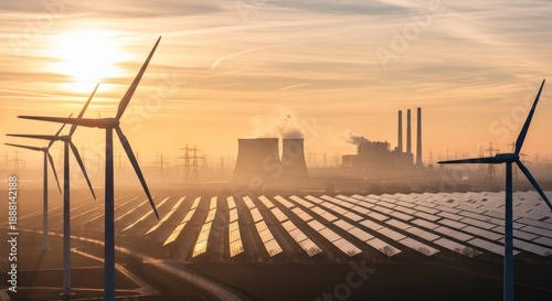 Wallpaper Mural Mixed energy sources wind turbines, solar panels, and a powerplant at dawn Torontodigital.ca