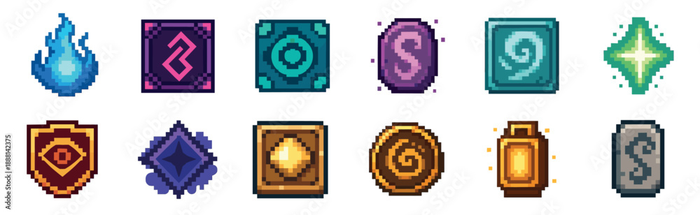 Fototapeta premium Collection of colorful pixel art icons for a fantasy video game, featuring magical items like runes, spells, a shield, and potions in a retro 8-bit graphic style