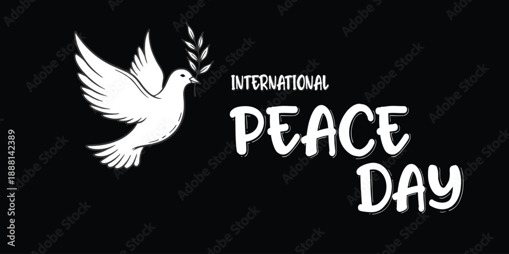 Obraz premium Bold International Peace Day poster with white dove on black background. Perfect for strong peace messages, awareness campaigns, social movements, and digital promotions.