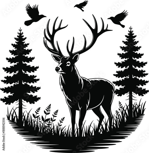Stag silhouette with grand antlers in a forest clearing with pine trees and flying birds deer