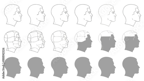 A series of head sketches demonstrating facial construction and shading techniques in profile views high quality