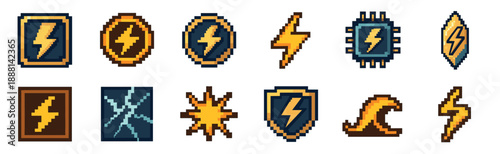 Collection of pixel art lightning bolt icons for video games, featuring various designs representing power, energy, and special abilities in a classic retro 8-bit graphic style