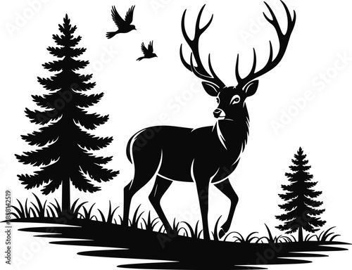 Stag with grand antlers stands in a forest clearing with pine trees and flying birds silhouette deer