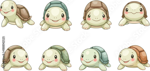 Cute Baby Turtle Cartoon Vector Set with Smiling Faces and Crawling Poses for Kids Illustrations, Stickers, Mascots, and Friendly Animal Designs