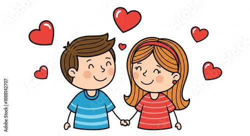 Couple Holding Hands Surrounded by Hearts.