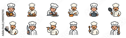 Set of twelve cartoon chef icons showing a professional cook in uniform performing various kitchen tasks like chopping, stirring, tasting, and holding utensils for a culinary concept