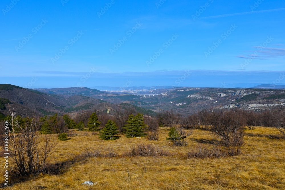 Obraz premium Meadow with evergreen and deciduous trees and a view of Jraški Rob or Bržanija in Primorska, Slovenia