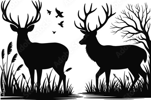 Two regal deer silhouettes facing opposite directions, surrounded by tall reeds and a single bare tree branch