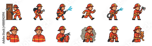 Collection of cartoon firefighter character illustrations showing various professional actions like breaking a door, spraying water, holding an axe, and rescuing a cat