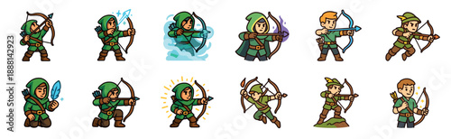 Set of twelve cute cartoon archer characters in various action poses for a fantasy role-playing game, featuring different magical arrows and ranger outfits