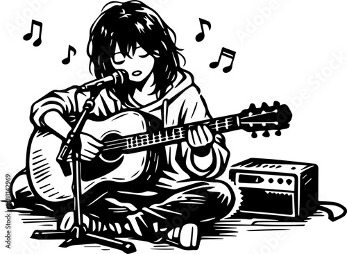 Monochrome Illustration of a Young Woman Singing While Playing Guitar