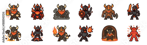 Collection of fantasy dwarf and demon characters in a cute cartoon style, featuring warriors with horned helmets, fiery armor, and magical weapons like hammers, swords, and axes